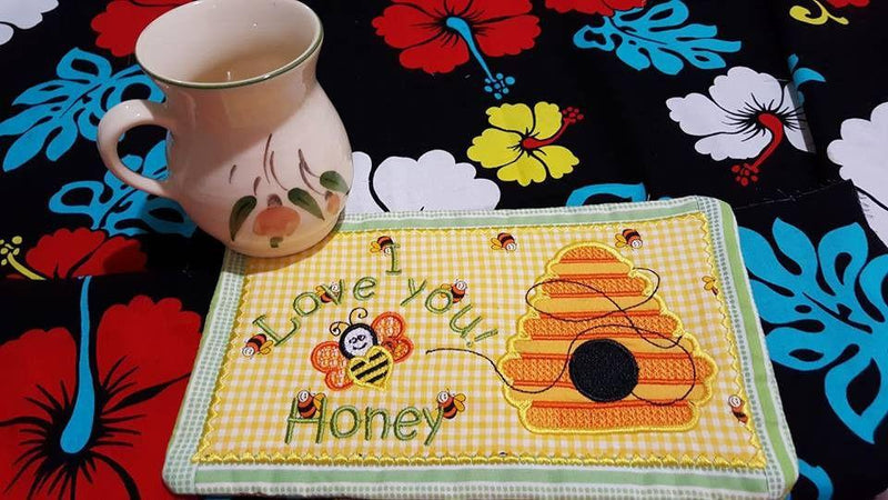 I Love You, Honey Mug Rug 5x7 6x10 7x12 - Sweet Pea Australia In the hoop machine embroidery designs. in the hoop project, in the hoop embroidery designs, craft in the hoop project, diy in the hoop project, diy craft in the hoop project, in the hoop embroidery patterns, design in the hoop patterns, embroidery designs for in the hoop embroidery projects, best in the hoop machine embroidery designs perfect for all hoops and embroidery machines