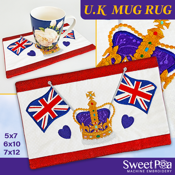 UK Mug Rug 5x7 6x10 7x12 In the hoop machine embroidery designs