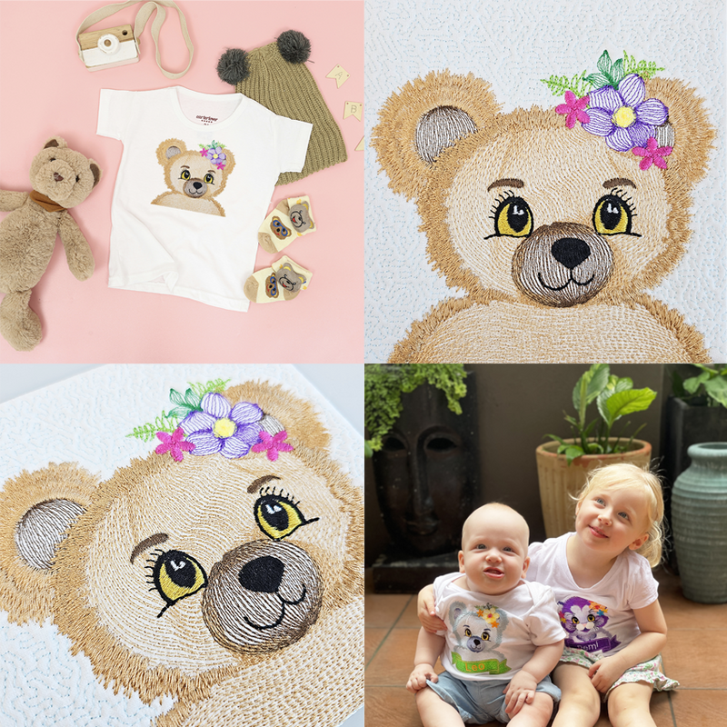 Cute Embroidered Teddy Bear With Flowers 5x5 6x6 7x7 8x8