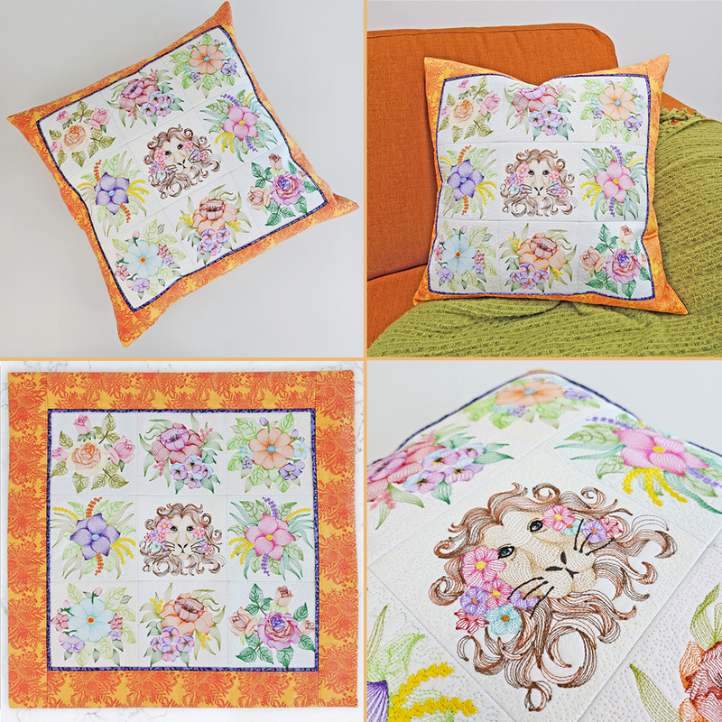 Embroidered Flowers and Lion Cushion Set 5x5 6x6 7x7 8x8