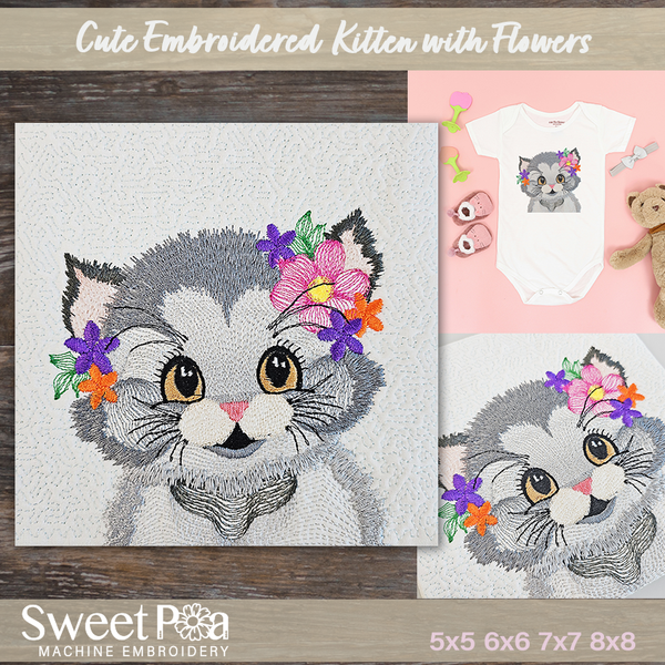 Cute Embroidered Kitten With Flowers 5x5 6x6 7x7 8x8