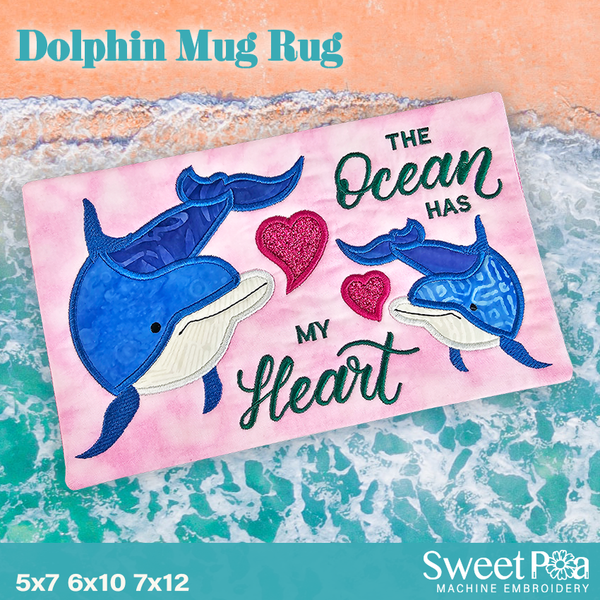 Dolphin Mug Rug 5x7 6x10 7x12 In the hoop machine embroidery designs