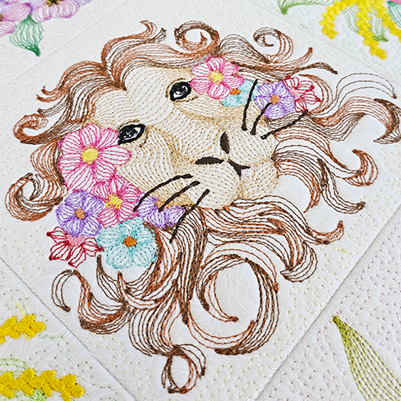 Embroidered Lion with Flowers 5x5 6x6 7x7 8x8
