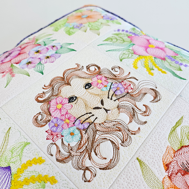 Embroidered Flowers and Lion Cushion Set 5x5 6x6 7x7 8x8