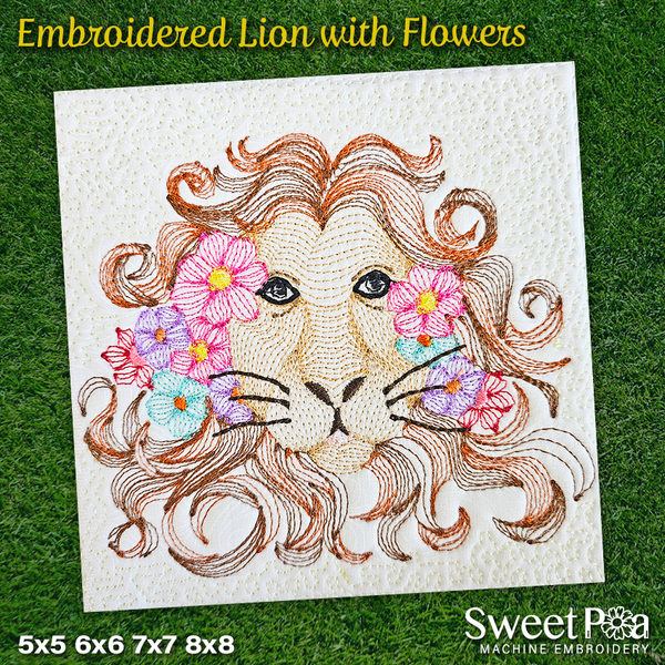 Embroidered Lion with Flowers 5x5 6x6 7x7 8x8