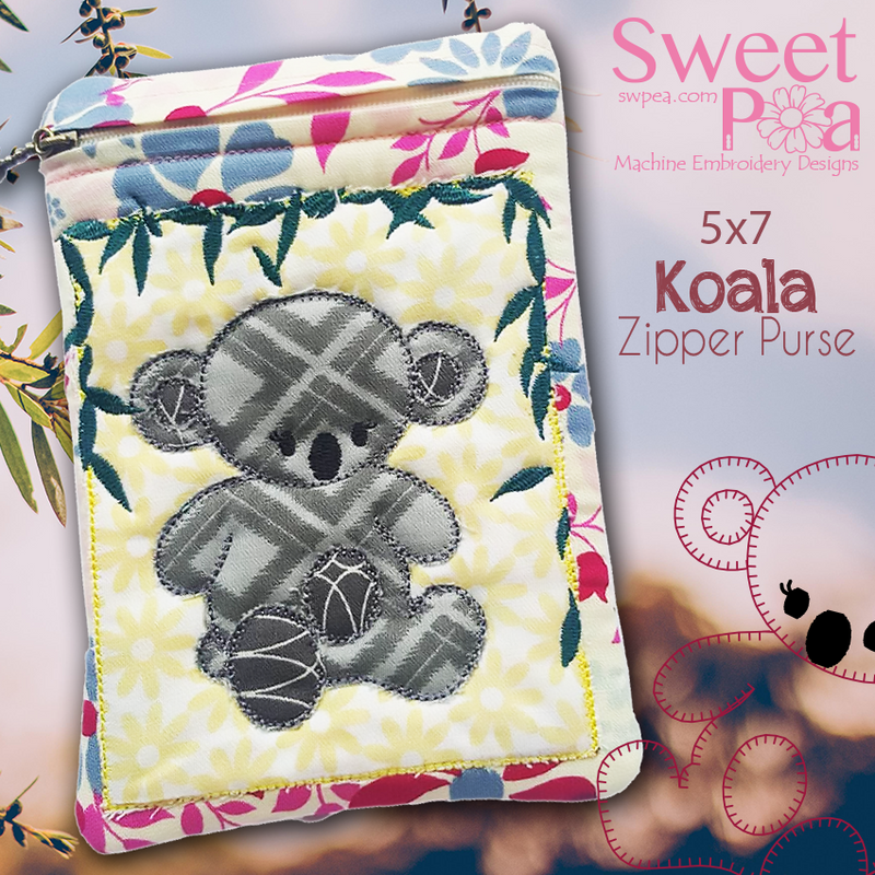 Koala Zipper Purse 5x7 In the hoop machine embroidery designs