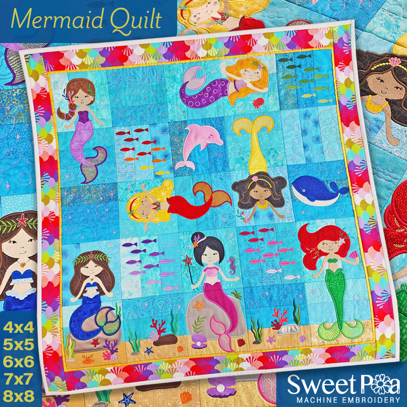 Mermaid Quilt 4x4 5x5 6x6 7x7 8x8 In the hoop machine embroidery designs