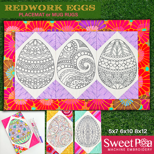 Redwork Eggs Placemat or Mug Rugs 5x7 6x10 8x12