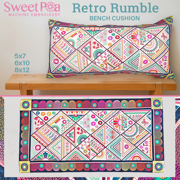 Retro Rumble bench cushion, home decor, vintage, shapes, pillow, style, in the hoop, machine embroidery, sweet pea