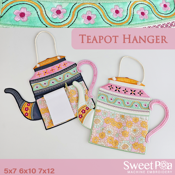 Teapot Hanger 5x7 6x10 7x12 In the hoop machine embroidery designs