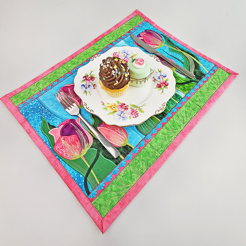 tulip fields placemat, placemat, flowers, spring flowers, dining, beautiful, pink, flowers, in the hoop, machine embroidery