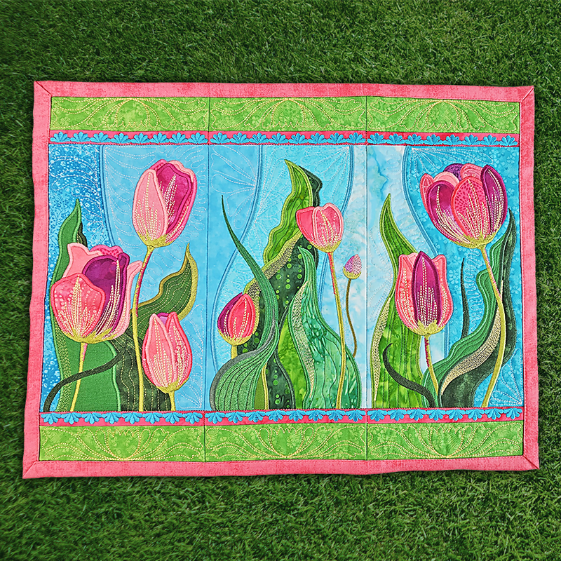 tulip fields placemat, placemat, flowers, spring flowers, dining, beautiful, pink, flowers, in the hoop, machine embroidery