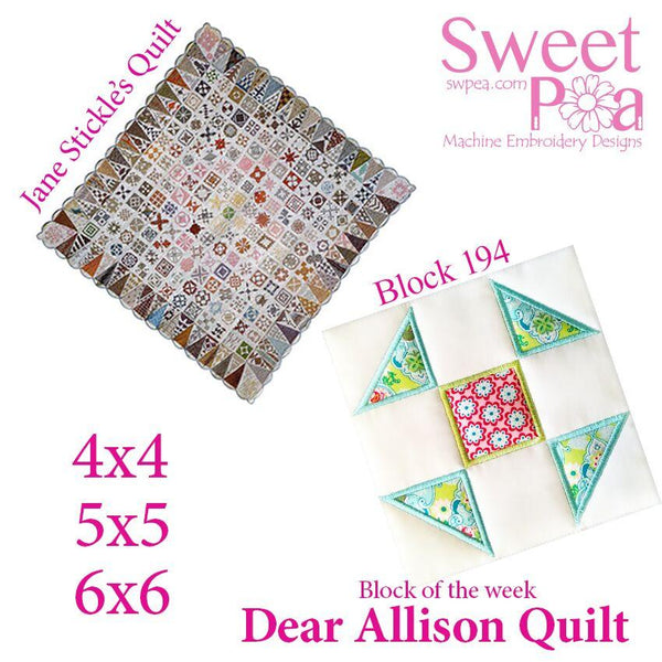 Dear Allison quilt block 194 and BONUS border block 195 in the 4x4 5x5 6x6 - Sweet Pea Australia In the hoop machine embroidery designs. in the hoop project, in the hoop embroidery designs, craft in the hoop project, diy in the hoop project, diy craft in the hoop project, in the hoop embroidery patterns, design in the hoop patterns, embroidery designs for in the hoop embroidery projects, best in the hoop machine embroidery designs perfect for all hoops and embroidery machines