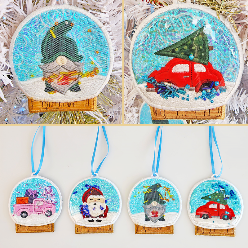 Snow Globe Ornaments Set Two 4x4 In the hoop machine embroidery designs