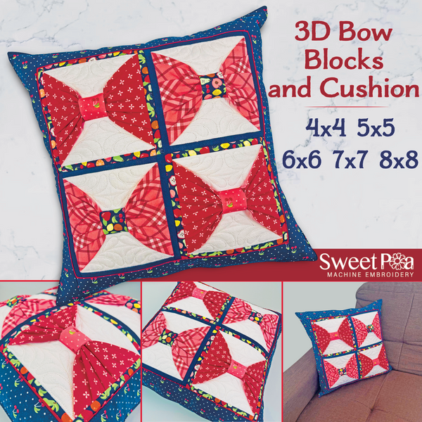 3D Bow Blocks and Cushion 4x4 5x5 6x6 7x7 and 8x8 In the hoop machine embroidery designs