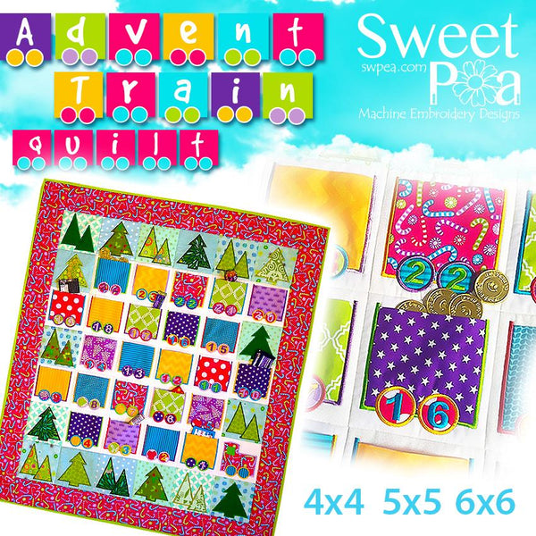 Advent Train Quilt 4x4 5x5 6x6 - Sweet Pea Australia In the hoop machine embroidery designs. in the hoop project, in the hoop embroidery designs, craft in the hoop project, diy in the hoop project, diy craft in the hoop project, in the hoop embroidery patterns, design in the hoop patterns, embroidery designs for in the hoop embroidery projects, best in the hoop machine embroidery designs perfect for all hoops and embroidery machines