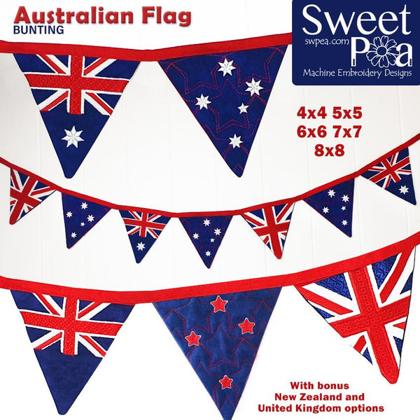 Australian Flag Bunting 4x4 5x5 6x6 7x7 8x8 - Sweet Pea Australia In the hoop machine embroidery designs. in the hoop project, in the hoop embroidery designs, craft in the hoop project, diy in the hoop project, diy craft in the hoop project, in the hoop embroidery patterns, design in the hoop patterns, embroidery designs for in the hoop embroidery projects, best in the hoop machine embroidery designs perfect for all hoops and embroidery machines