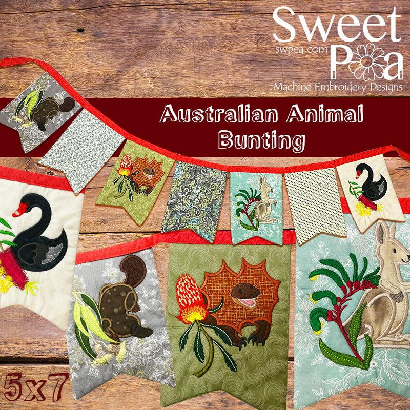 Australian Animal bunting 5x7 - Sweet Pea Australia In the hoop machine embroidery designs. in the hoop project, in the hoop embroidery designs, craft in the hoop project, diy in the hoop project, diy craft in the hoop project, in the hoop embroidery patterns, design in the hoop patterns, embroidery designs for in the hoop embroidery projects, best in the hoop machine embroidery designs perfect for all hoops and embroidery machines