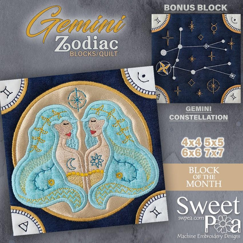 BOM Zodiac Quilt Block 3 - Gemini - Sweet Pea Australia In the hoop machine embroidery designs. in the hoop project, in the hoop embroidery designs, craft in the hoop project, diy in the hoop project, diy craft in the hoop project, in the hoop embroidery patterns, design in the hoop patterns, embroidery designs for in the hoop embroidery projects, best in the hoop machine embroidery designs perfect for all hoops and embroidery machines