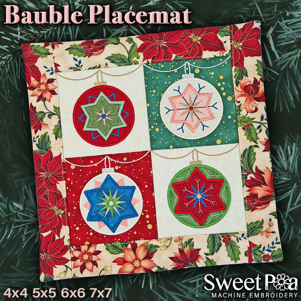 Bauble Placemat 4x4 5x5 6x6 7x7 - Sweet Pea Australia In the hoop machine embroidery designs. in the hoop project, in the hoop embroidery designs, craft in the hoop project, diy in the hoop project, diy craft in the hoop project, in the hoop embroidery patterns, design in the hoop patterns, embroidery designs for in the hoop embroidery projects, best in the hoop machine embroidery designs perfect for all hoops and embroidery machines