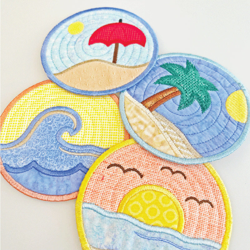 Beach Scene Coasters 4x4 5x5 6x6 - Sweet Pea Australia In the hoop machine embroidery designs. in the hoop project, in the hoop embroidery designs, craft in the hoop project, diy in the hoop project, diy craft in the hoop project, in the hoop embroidery patterns, design in the hoop patterns, embroidery designs for in the hoop embroidery projects, best in the hoop machine embroidery designs perfect for all hoops and embroidery machines