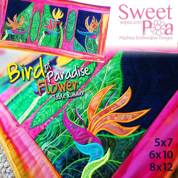 Bird of Paradise Flower table runner 5x7 6x10 8x12 - Sweet Pea Australia In the hoop machine embroidery designs. in the hoop project, in the hoop embroidery designs, craft in the hoop project, diy in the hoop project, diy craft in the hoop project, in the hoop embroidery patterns, design in the hoop patterns, embroidery designs for in the hoop embroidery projects, best in the hoop machine embroidery designs perfect for all hoops and embroidery machines