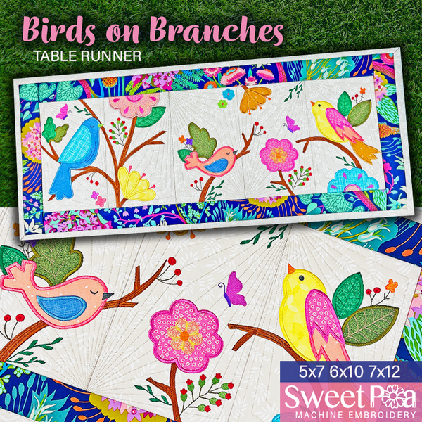 Birds on Branches Table Runner 5x7 6x10 7x12 In the hoop machine embroidery designs