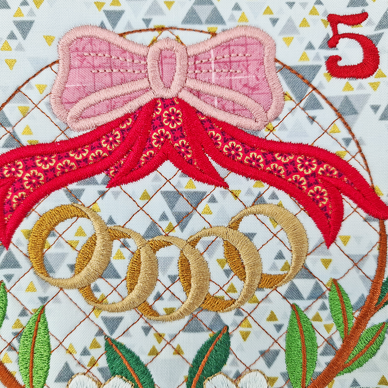 BOW Twelve Days of Christmas Quilt Block 5 - Sweet Pea Australia In the hoop machine embroidery designs. in the hoop project, in the hoop embroidery designs, craft in the hoop project, diy in the hoop project, diy craft in the hoop project, in the hoop embroidery patterns, design in the hoop patterns, embroidery designs for in the hoop embroidery projects, best in the hoop machine embroidery designs perfect for all hoops and embroidery machines