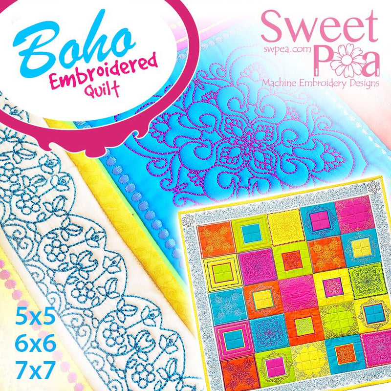 Boho Embroidered Quilt 5x5 6x6 7x7 - Sweet Pea Australia In the hoop machine embroidery designs. in the hoop project, in the hoop embroidery designs, craft in the hoop project, diy in the hoop project, diy craft in the hoop project, in the hoop embroidery patterns, design in the hoop patterns, embroidery designs for in the hoop embroidery projects, best in the hoop machine embroidery designs perfect for all hoops and embroidery machines