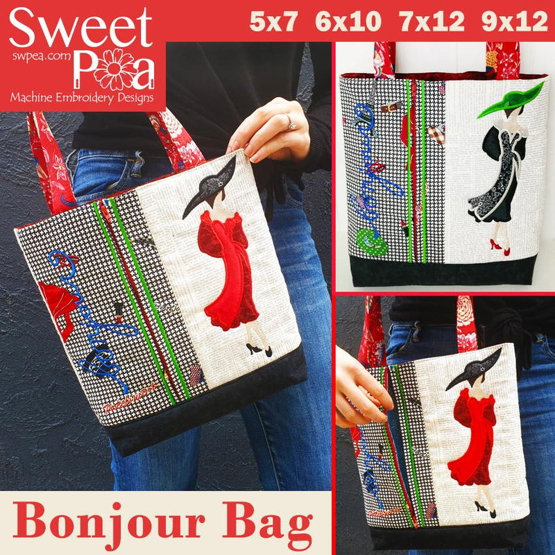 Bonjour Bag 5x7 6x10 7x12 9x12 - Sweet Pea Australia In the hoop machine embroidery designs. in the hoop project, in the hoop embroidery designs, craft in the hoop project, diy in the hoop project, diy craft in the hoop project, in the hoop embroidery patterns, design in the hoop patterns, embroidery designs for in the hoop embroidery projects, best in the hoop machine embroidery designs perfect for all hoops and embroidery machines