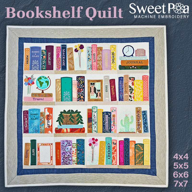 Bookshelf Quilt 4x4 5x5 6x6 7x7 - Sweet Pea Australia In the hoop machine embroidery designs. in the hoop project, in the hoop embroidery designs, craft in the hoop project, diy in the hoop project, diy craft in the hoop project, in the hoop embroidery patterns, design in the hoop patterns, embroidery designs for in the hoop embroidery projects, best in the hoop machine embroidery designs perfect for all hoops and embroidery machines