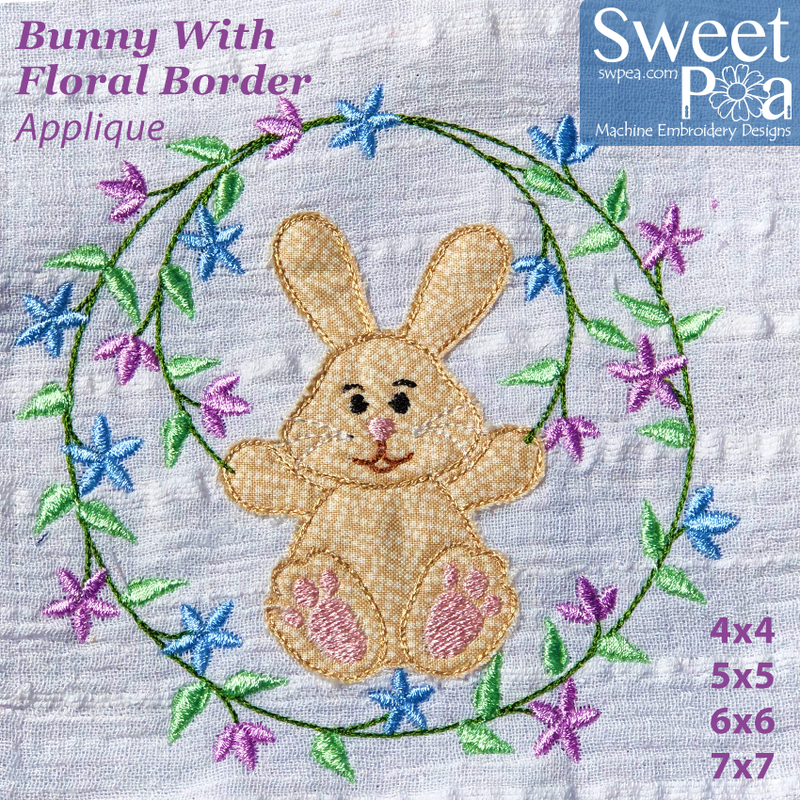 Bunny with Floral Border Applique Design 4x4 5x5 6x6 7x7 - Sweet Pea Australia In the hoop machine embroidery designs. in the hoop project, in the hoop embroidery designs, craft in the hoop project, diy in the hoop project, diy craft in the hoop project, in the hoop embroidery patterns, design in the hoop patterns, embroidery designs for in the hoop embroidery projects, best in the hoop machine embroidery designs perfect for all hoops and embroidery machines