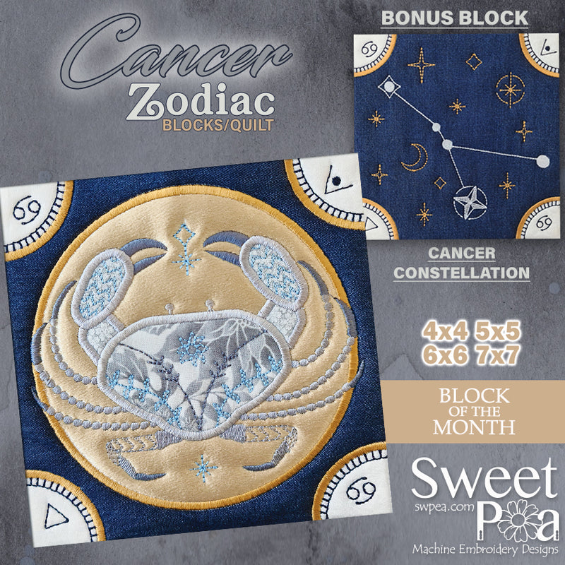 BOM Zodiac Quilt Block 4 - Cancer - Sweet Pea Australia In the hoop machine embroidery designs. in the hoop project, in the hoop embroidery designs, craft in the hoop project, diy in the hoop project, diy craft in the hoop project, in the hoop embroidery patterns, design in the hoop patterns, embroidery designs for in the hoop embroidery projects, best in the hoop machine embroidery designs perfect for all hoops and embroidery machines