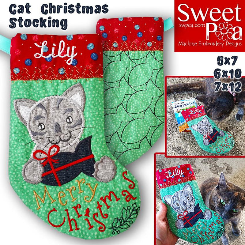 Cat Christmas Stocking 5x7 6x10 7x12 - Sweet Pea Australia In the hoop machine embroidery designs. in the hoop project, in the hoop embroidery designs, craft in the hoop project, diy in the hoop project, diy craft in the hoop project, in the hoop embroidery patterns, design in the hoop patterns, embroidery designs for in the hoop embroidery projects, best in the hoop machine embroidery designs perfect for all hoops and embroidery machines