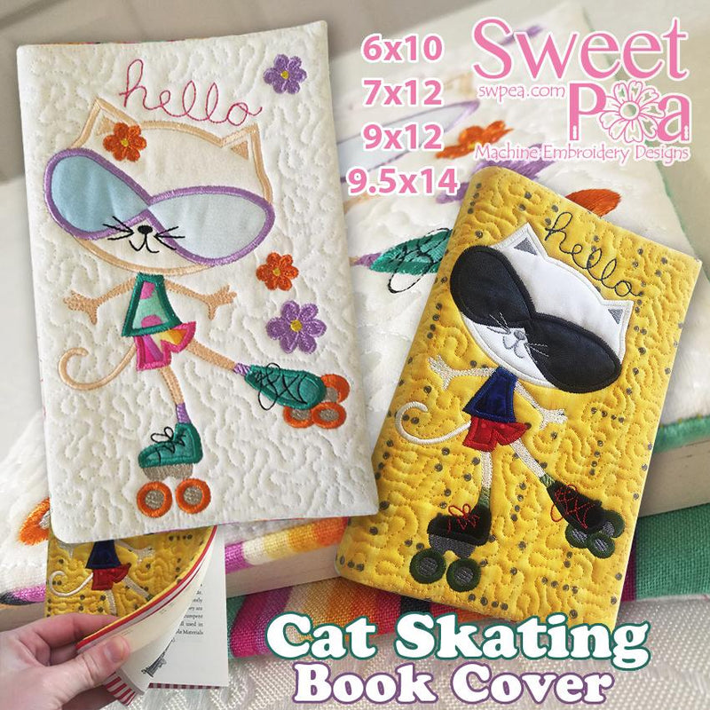 Cat Skating book cover 6x10 7x12 and 9.5x14 - Sweet Pea Australia In the hoop machine embroidery designs. in the hoop project, in the hoop embroidery designs, craft in the hoop project, diy in the hoop project, diy craft in the hoop project, in the hoop embroidery patterns, design in the hoop patterns, embroidery designs for in the hoop embroidery projects, best in the hoop machine embroidery designs perfect for all hoops and embroidery machines