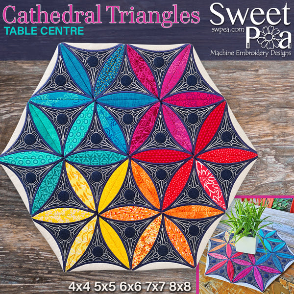 Cathedral Triangles Table Centre 4x4 5x5 6x6 7x7 8x8 - Sweet Pea Australia In the hoop machine embroidery designs. in the hoop project, in the hoop embroidery designs, craft in the hoop project, diy in the hoop project, diy craft in the hoop project, in the hoop embroidery patterns, design in the hoop patterns, embroidery designs for in the hoop embroidery projects, best in the hoop machine embroidery designs perfect for all hoops and embroidery machines