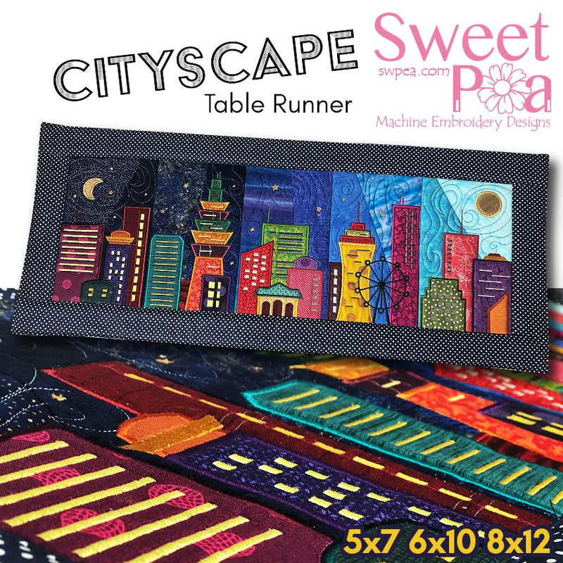 Cityscape Table Runner 5x7 6x10 8x12 - Sweet Pea Australia In the hoop machine embroidery designs. in the hoop project, in the hoop embroidery designs, craft in the hoop project, diy in the hoop project, diy craft in the hoop project, in the hoop embroidery patterns, design in the hoop patterns, embroidery designs for in the hoop embroidery projects, best in the hoop machine embroidery designs perfect for all hoops and embroidery machines