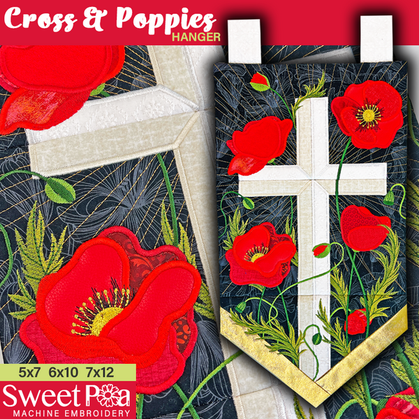 Cross and Poppies Hanger 5x7 6x10 7x12 In the hoop machine embroidery designs