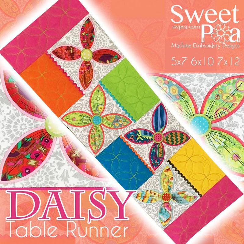 Daisy Table Runner 5x7 6x10 7x12 - Sweet Pea Australia In the hoop machine embroidery designs. in the hoop project, in the hoop embroidery designs, craft in the hoop project, diy in the hoop project, diy craft in the hoop project, in the hoop embroidery patterns, design in the hoop patterns, embroidery designs for in the hoop embroidery projects, best in the hoop machine embroidery designs perfect for all hoops and embroidery machines
