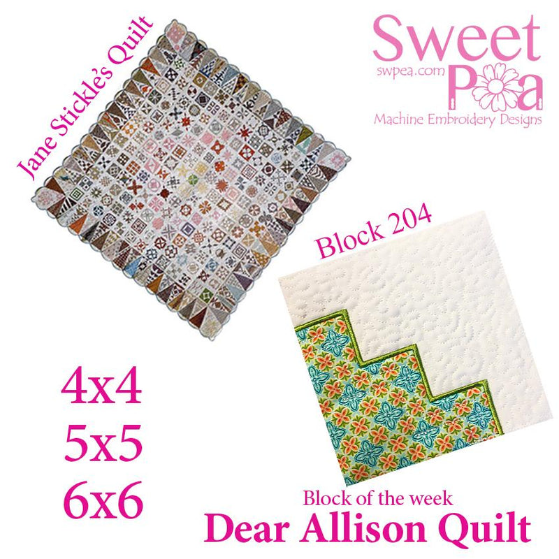 Dear Allison quilt block 204 and BONUS border block 205 in the 4x4 5x5 6x6 - Sweet Pea Australia In the hoop machine embroidery designs. in the hoop project, in the hoop embroidery designs, craft in the hoop project, diy in the hoop project, diy craft in the hoop project, in the hoop embroidery patterns, design in the hoop patterns, embroidery designs for in the hoop embroidery projects, best in the hoop machine embroidery designs perfect for all hoops and embroidery machines