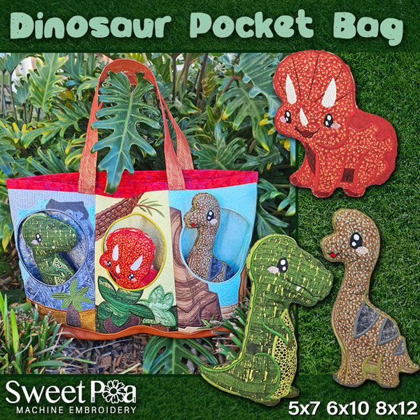 Dinosaur Pocket Bag 5x7 6x10 8x12 - Sweet Pea Australia In the hoop machine embroidery designs. in the hoop project, in the hoop embroidery designs, craft in the hoop project, diy in the hoop project, diy craft in the hoop project, in the hoop embroidery patterns, design in the hoop patterns, embroidery designs for in the hoop embroidery projects, best in the hoop machine embroidery designs perfect for all hoops and embroidery machines