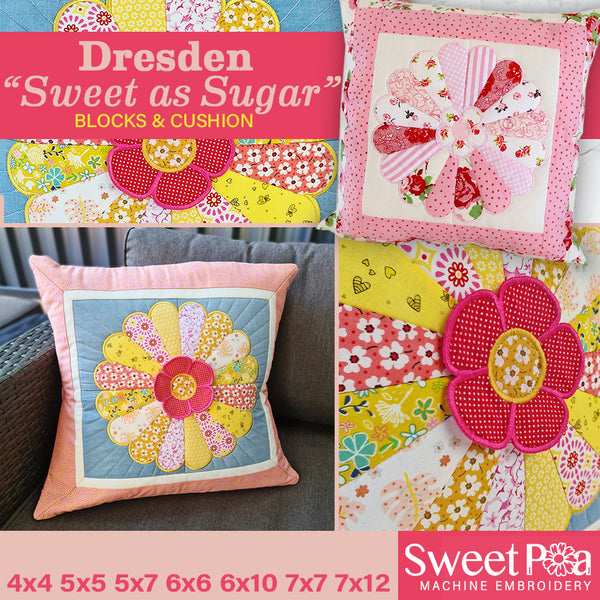 Dresden "Sweet as Sugar" Cushion and Quilt Block 4x4 5x5 6x10 7x12 - Sweet Pea Australia In the hoop machine embroidery designs. in the hoop project, in the hoop embroidery designs, craft in the hoop project, diy in the hoop project, diy craft in the hoop project, in the hoop embroidery patterns, design in the hoop patterns, embroidery designs for in the hoop embroidery projects, best in the hoop machine embroidery designs perfect for all hoops and embroidery machines