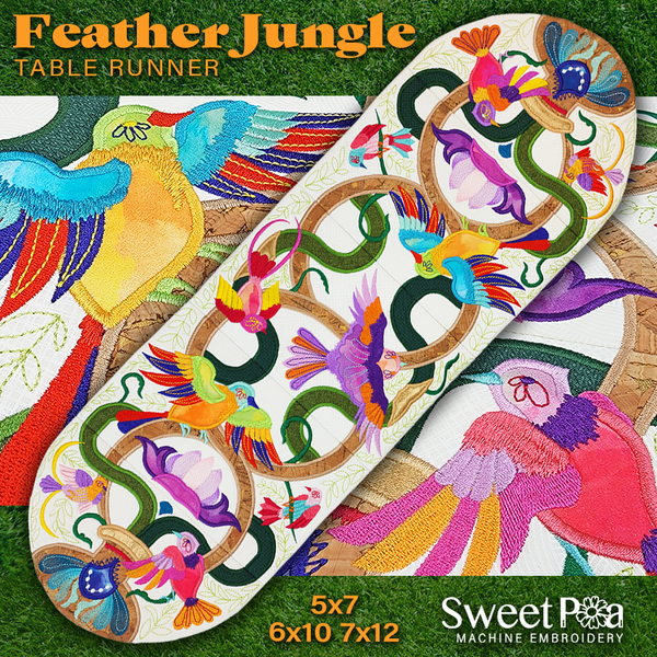 Feather Jungle Table Runner 5x7 6x10 7x12 - Sweet Pea Australia In the hoop machine embroidery designs. in the hoop project, in the hoop embroidery designs, craft in the hoop project, diy in the hoop project, diy craft in the hoop project, in the hoop embroidery patterns, design in the hoop patterns, embroidery designs for in the hoop embroidery projects, best in the hoop machine embroidery designs perfect for all hoops and embroidery machines