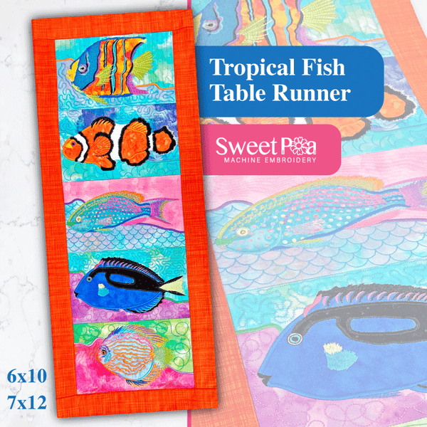 Tropical Fish Table Runner 6x10 7x12 - Sweet Pea Australia In the hoop machine embroidery designs. in the hoop project, in the hoop embroidery designs, craft in the hoop project, diy in the hoop project, diy craft in the hoop project, in the hoop embroidery patterns, design in the hoop patterns, embroidery designs for in the hoop embroidery projects, best in the hoop machine embroidery designs perfect for all hoops and embroidery machines