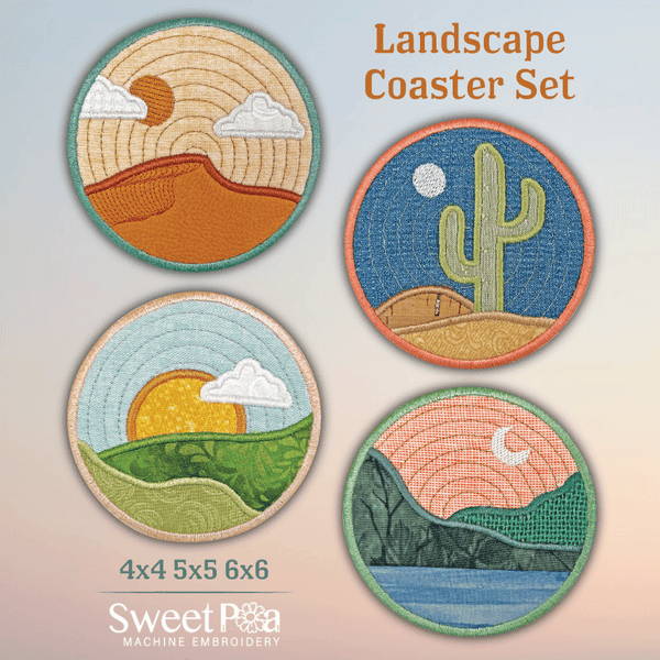 Landscape Coasters 4x4 5x5 6x6 - Sweet Pea Australia In the hoop machine embroidery designs. in the hoop project, in the hoop embroidery designs, craft in the hoop project, diy in the hoop project, diy craft in the hoop project, in the hoop embroidery patterns, design in the hoop patterns, embroidery designs for in the hoop embroidery projects, best in the hoop machine embroidery designs perfect for all hoops and embroidery machines