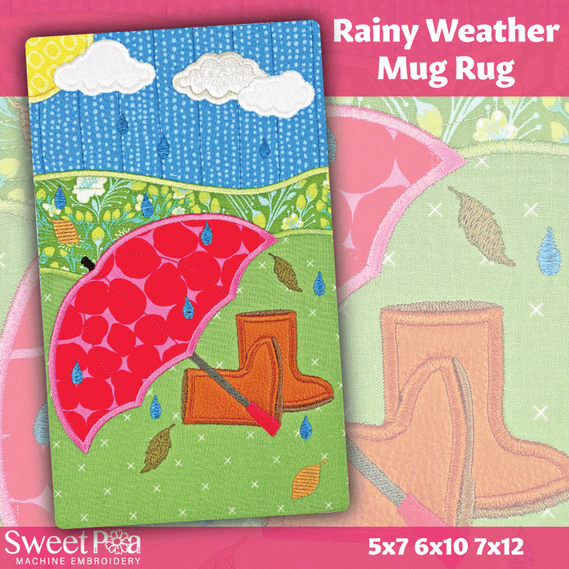 Rainy Weather Mug Rug 5x7 6x10 7x12 - Sweet Pea Australia In the hoop machine embroidery designs. in the hoop project, in the hoop embroidery designs, craft in the hoop project, diy in the hoop project, diy craft in the hoop project, in the hoop embroidery patterns, design in the hoop patterns, embroidery designs for in the hoop embroidery projects, best in the hoop machine embroidery designs perfect for all hoops and embroidery machines