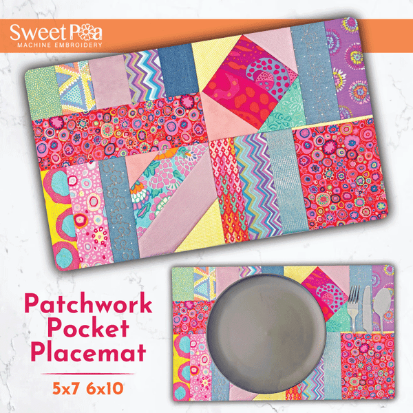 Patchwork Pocket Placemat 5x7 6x10 - Sweet Pea Australia In the hoop machine embroidery designs. in the hoop project, in the hoop embroidery designs, craft in the hoop project, diy in the hoop project, diy craft in the hoop project, in the hoop embroidery patterns, design in the hoop patterns, embroidery designs for in the hoop embroidery projects, best in the hoop machine embroidery designs perfect for all hoops and embroidery machines