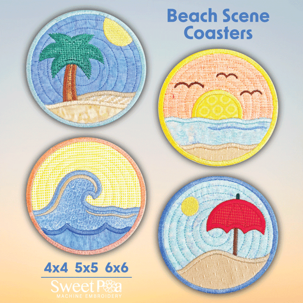 Beach Scene Coasters 4x4 5x5 6x6 - Sweet Pea Australia In the hoop machine embroidery designs. in the hoop project, in the hoop embroidery designs, craft in the hoop project, diy in the hoop project, diy craft in the hoop project, in the hoop embroidery patterns, design in the hoop patterns, embroidery designs for in the hoop embroidery projects, best in the hoop machine embroidery designs perfect for all hoops and embroidery machines