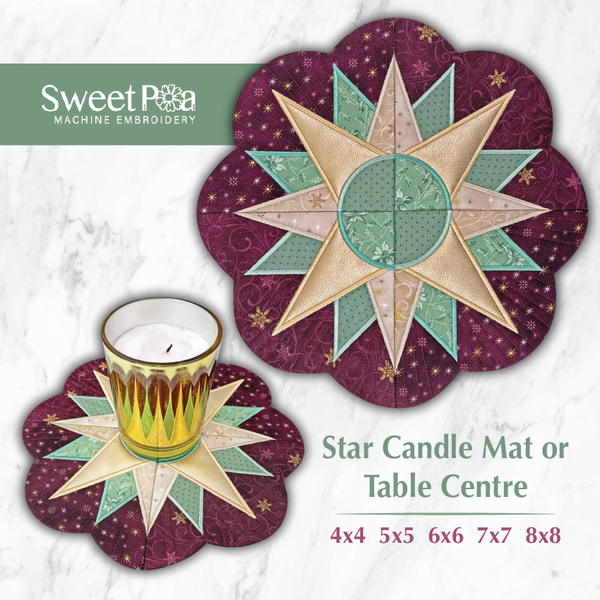 Star Candle Mat or Table Centre 4x4 5x5 6x6 7x7 8x8 - Sweet Pea Australia In the hoop machine embroidery designs. in the hoop project, in the hoop embroidery designs, craft in the hoop project, diy in the hoop project, diy craft in the hoop project, in the hoop embroidery patterns, design in the hoop patterns, embroidery designs for in the hoop embroidery projects, best in the hoop machine embroidery designs perfect for all hoops and embroidery machines