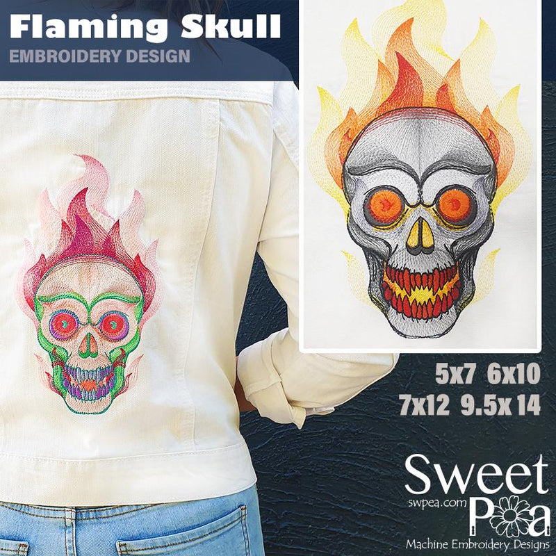 Flaming Skull Embroidery Design 5x7 6x10 7x12 9.5x14 - Sweet Pea Australia In the hoop machine embroidery designs. in the hoop project, in the hoop embroidery designs, craft in the hoop project, diy in the hoop project, diy craft in the hoop project, in the hoop embroidery patterns, design in the hoop patterns, embroidery designs for in the hoop embroidery projects, best in the hoop machine embroidery designs perfect for all hoops and embroidery machines